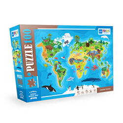 100 Parça Puzzle - Animal World Map Hayvan Dünya Haritası - 1
